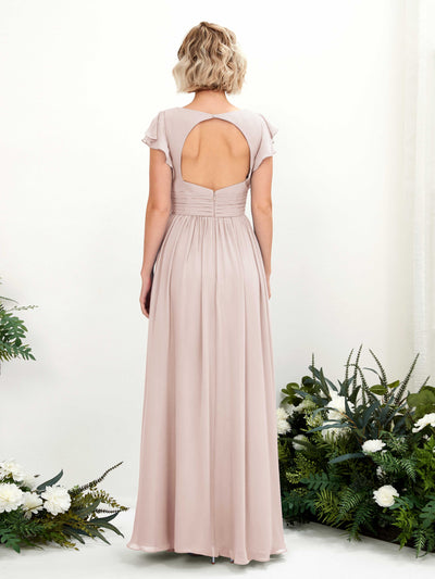 Carlyna Grino A-Line Biscotti Bridesmaid Dress Maxi Cap Sleeve V-Neck Dress Back View #color_biscotti