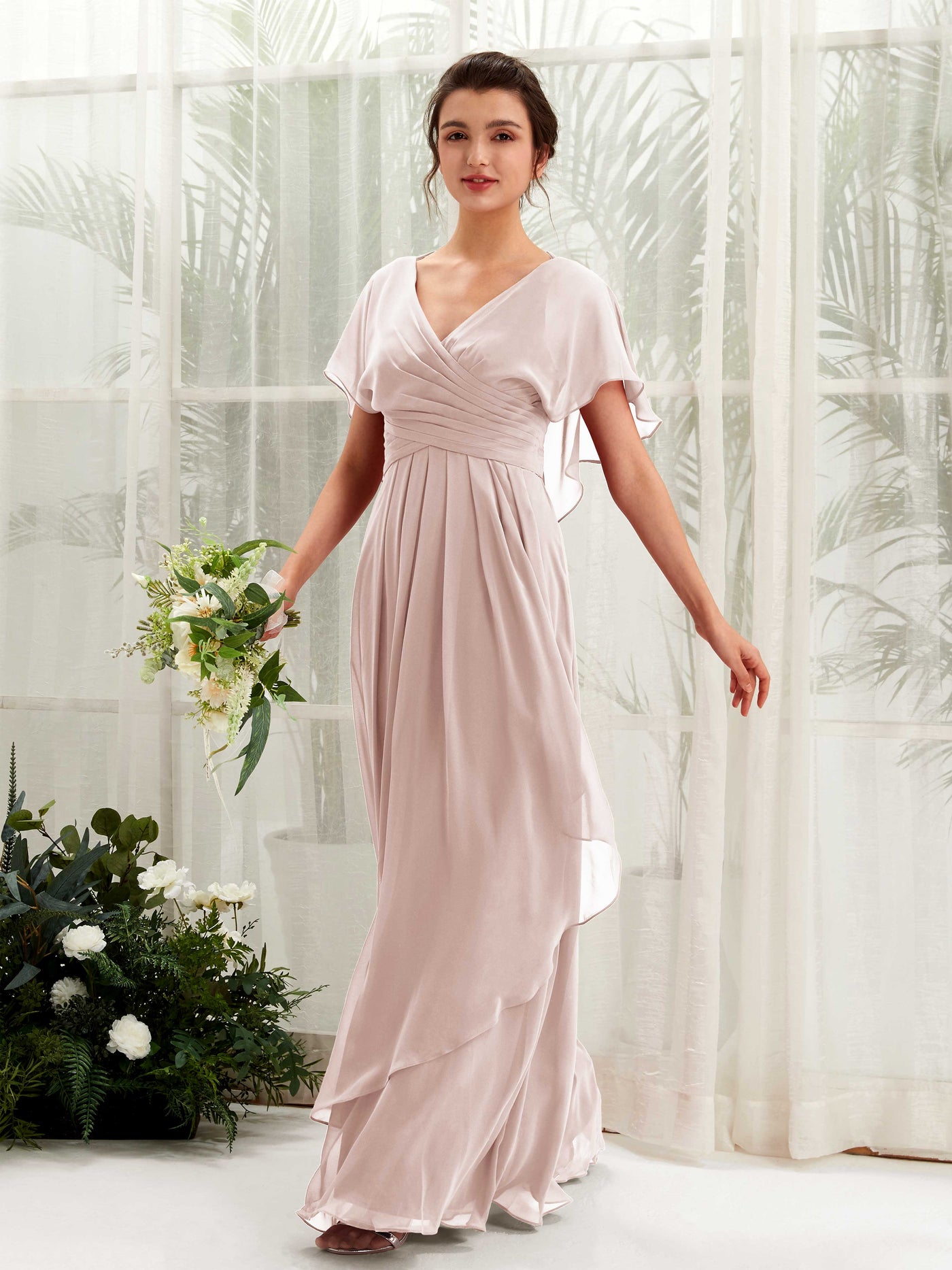 V-neck Short Sleeves Chiffon Bridesmaid Dress - Biscotti (81226135)#color_biscotti