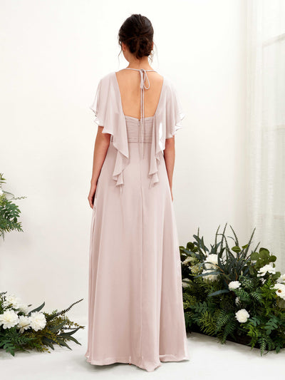 Carlyna Darlene A-Line Biscotti Bridesmaid Dress Maxi Short Sleeve V-Neck Dress Back View #color_biscotti