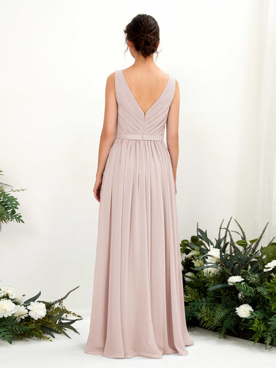 Carlyna Barbara A-Line Biscotti Bridesmaid Dress Maxi Sleeveless V-Neck Dress Back View #color_biscotti