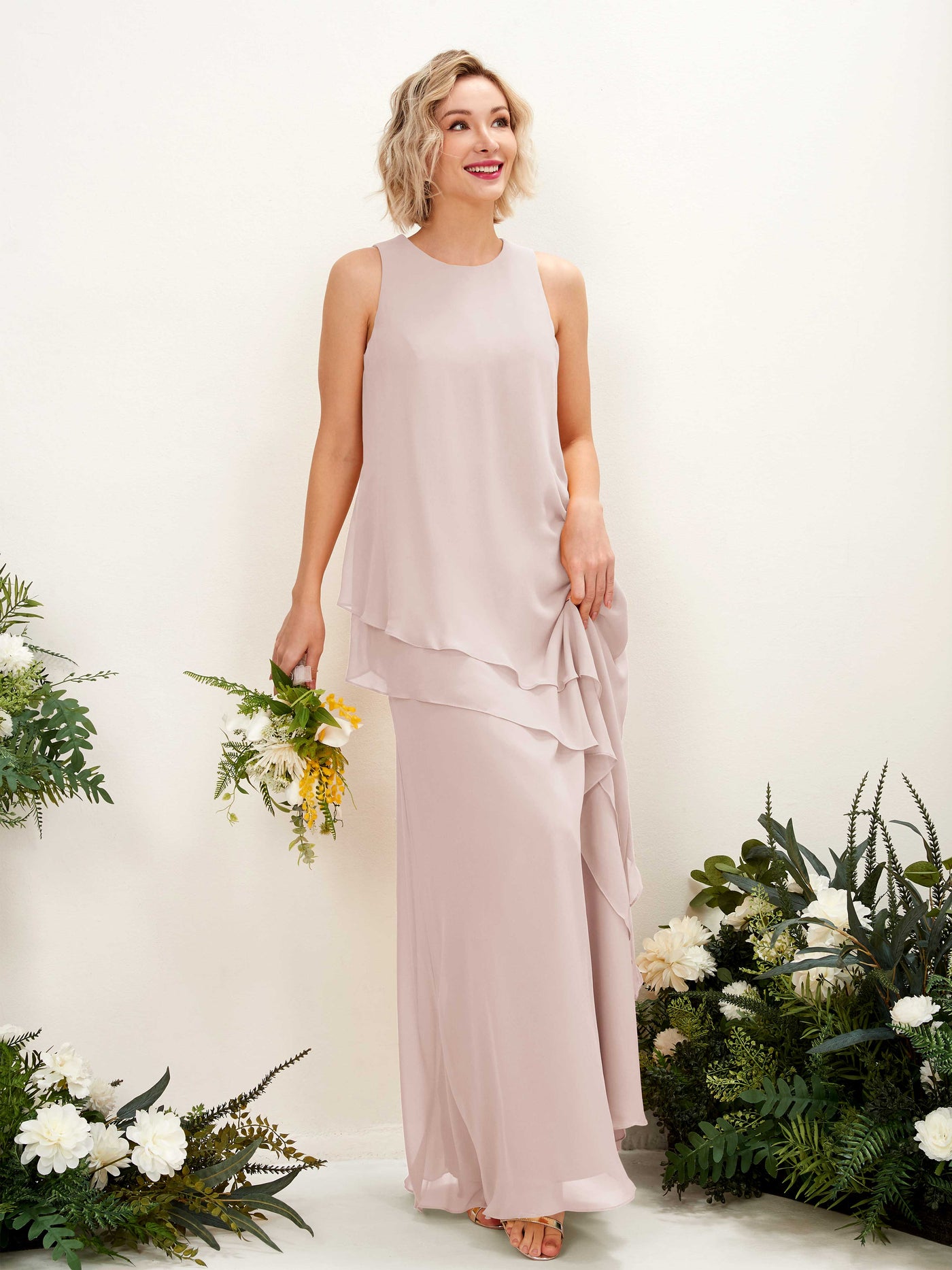 Round Sleeveless Chiffon Bridesmaid Dress - Biscotti (81222335)#color_biscotti