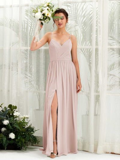 Carlyna Angela A-Line Biscotti Bridesmaid Dress Maxi Sleeveless V-Neck Dress Front View #color_biscotti