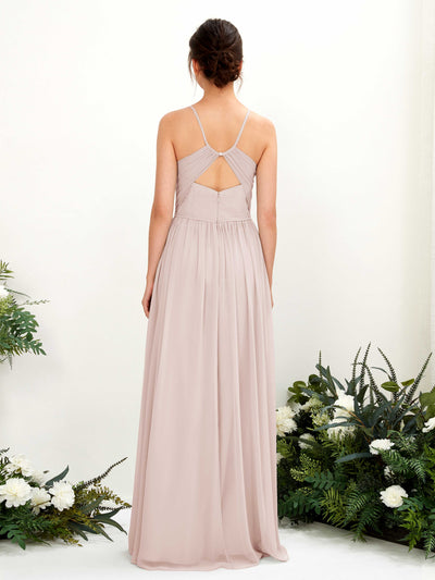 Carlyna Angela A-Line Biscotti Bridesmaid Dress Maxi Sleeveless V-Neck Dress Back View #color_biscotti