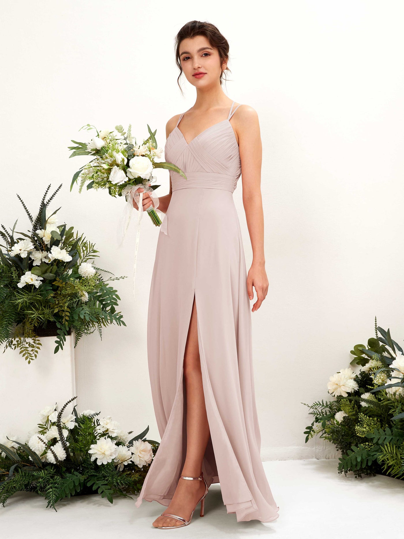 Straps V-neck Sleeveless Chiffon Bridesmaid Dress - Biscotti (81225435)#color_biscotti