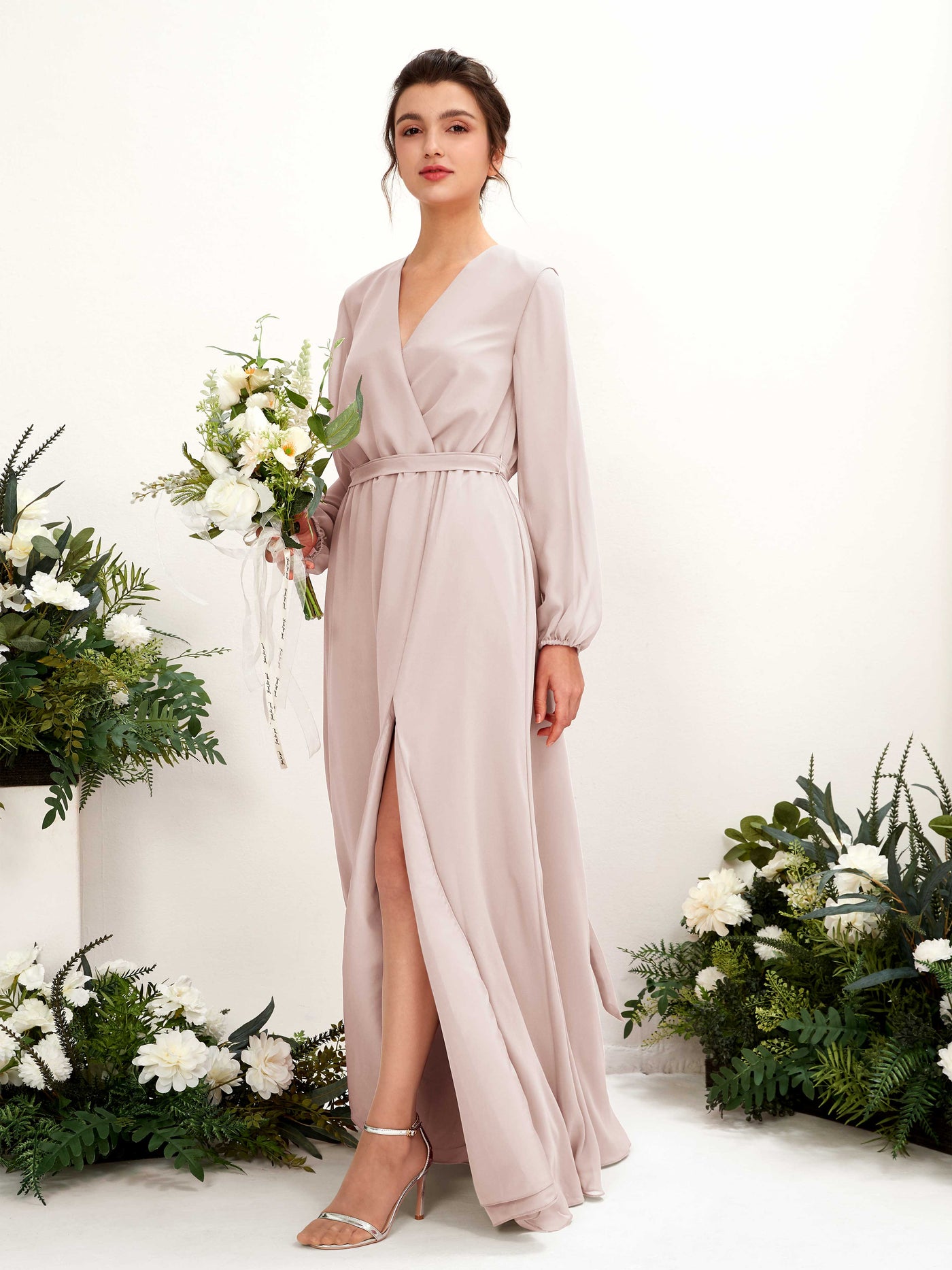 V-neck Long Sleeves Chiffon Bridesmaid Dress - Biscotti (81223235)#color_biscotti