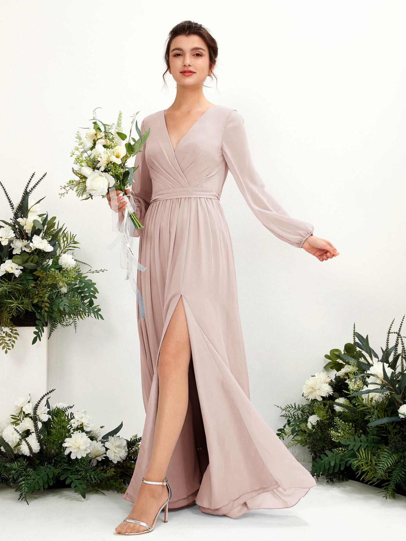V-neck Long Sleeves Chiffon Bridesmaid Dress - Biscotti (81223835)#color_biscotti