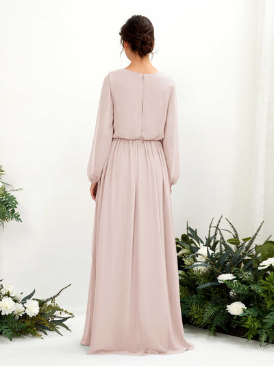 Carlyna Ginny A-Line Biscotti Bridesmaid Dress Maxi Long Sleeve V-Neck Back View #color_biscotti