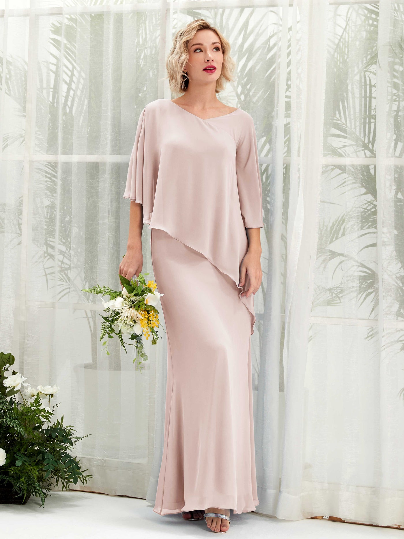 V-neck 3/4 Sleeves Chiffon Bridesmaid Dress - Biscotti (81222535)#color_biscotti