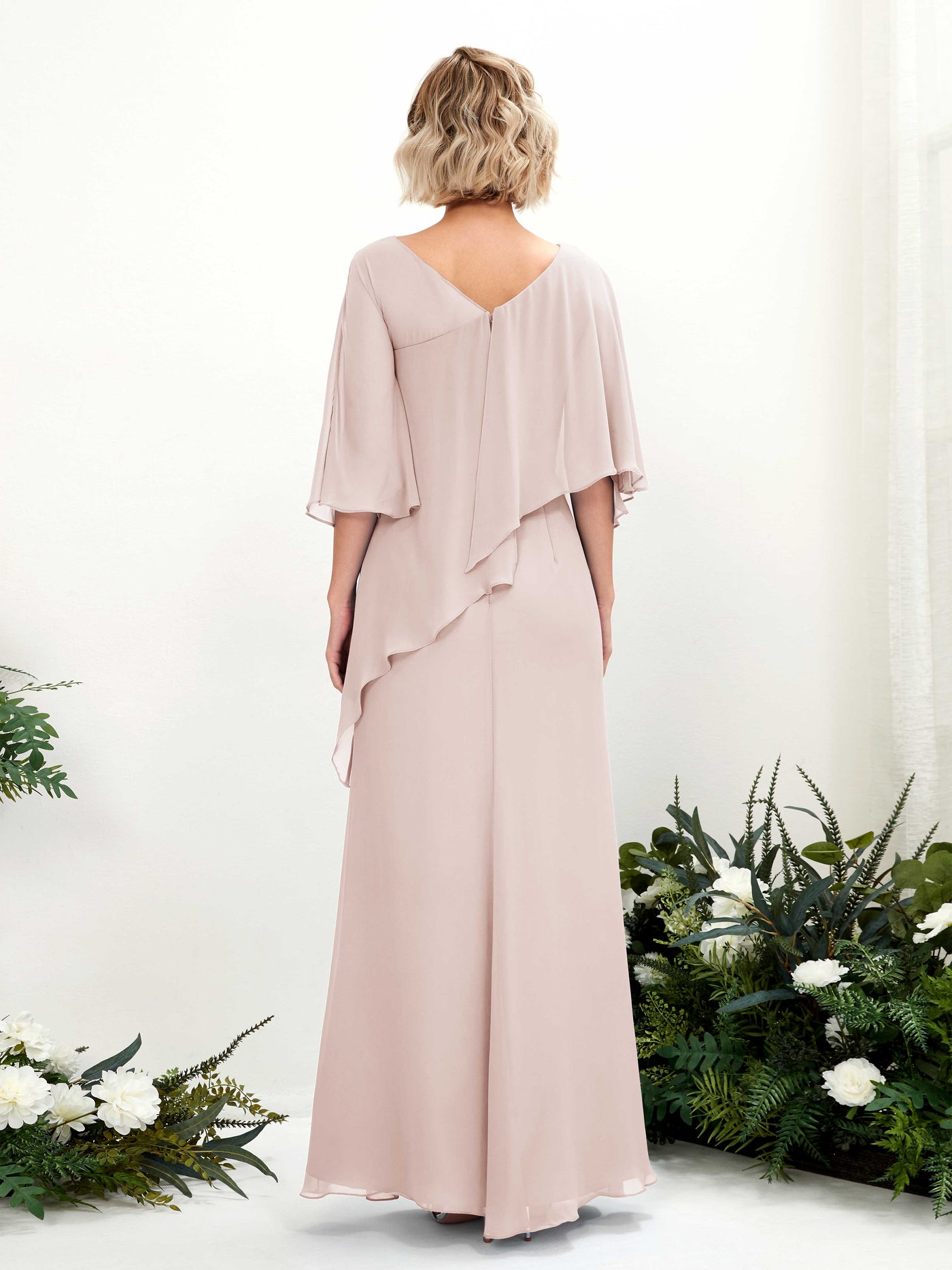 V-neck 3/4 Sleeves Chiffon Bridesmaid Dress - Biscotti (81222535)#color_biscotti