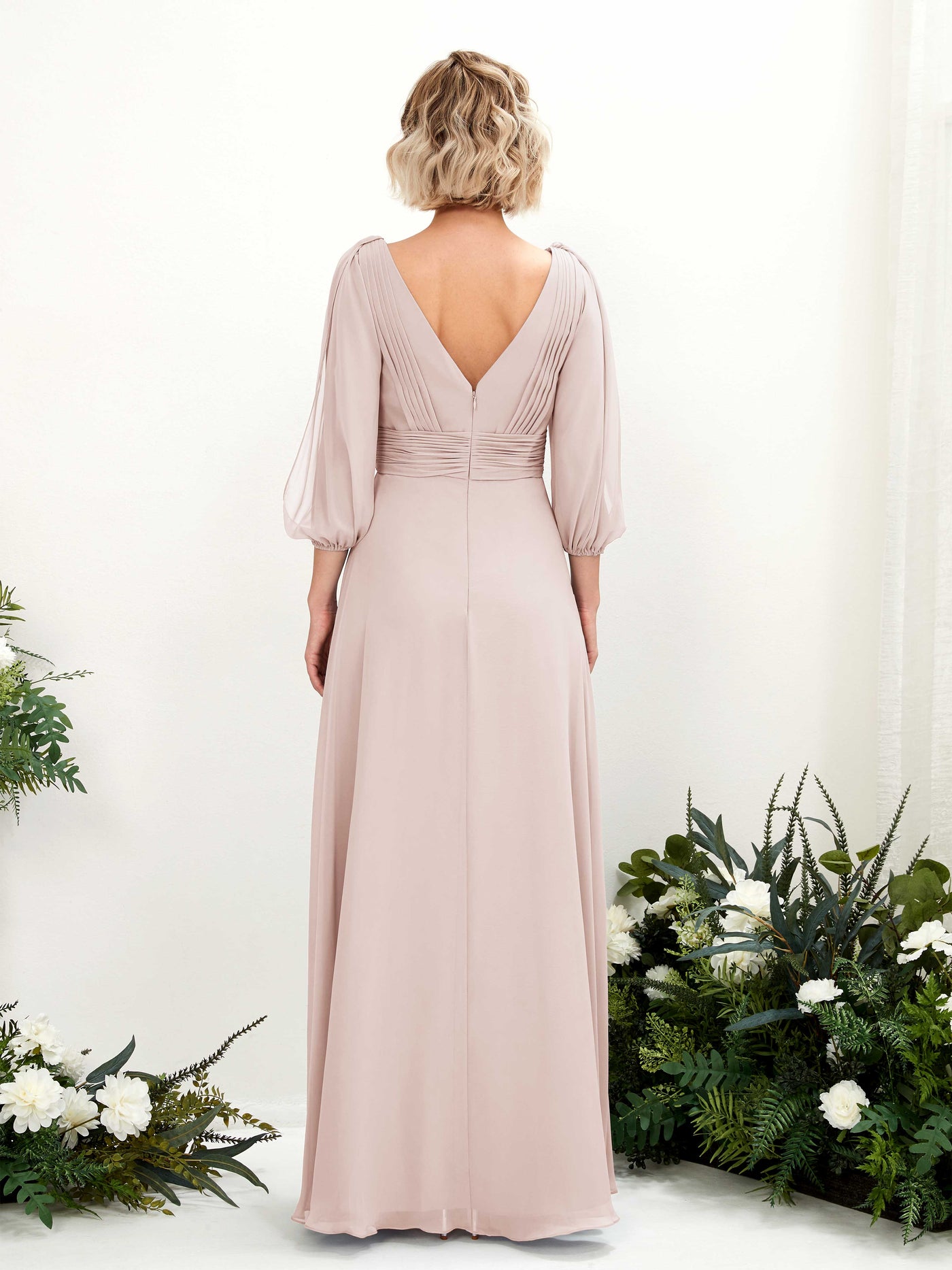 V-neck 3/4 Sleeves Chiffon Bridesmaid Dress - Biscotti (81223535)#color_biscotti