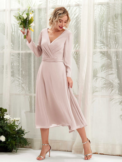 Carlyna Joanna A-Line Biscotti Bridesmaid Dress Midi Long Sleeve V-Neck  #color_biscotti