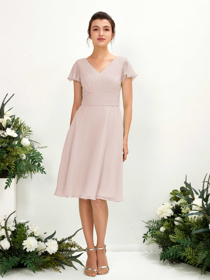 V-neck Short Sleeves Chiffon Bridesmaid Dress - Biscotti (81220235)