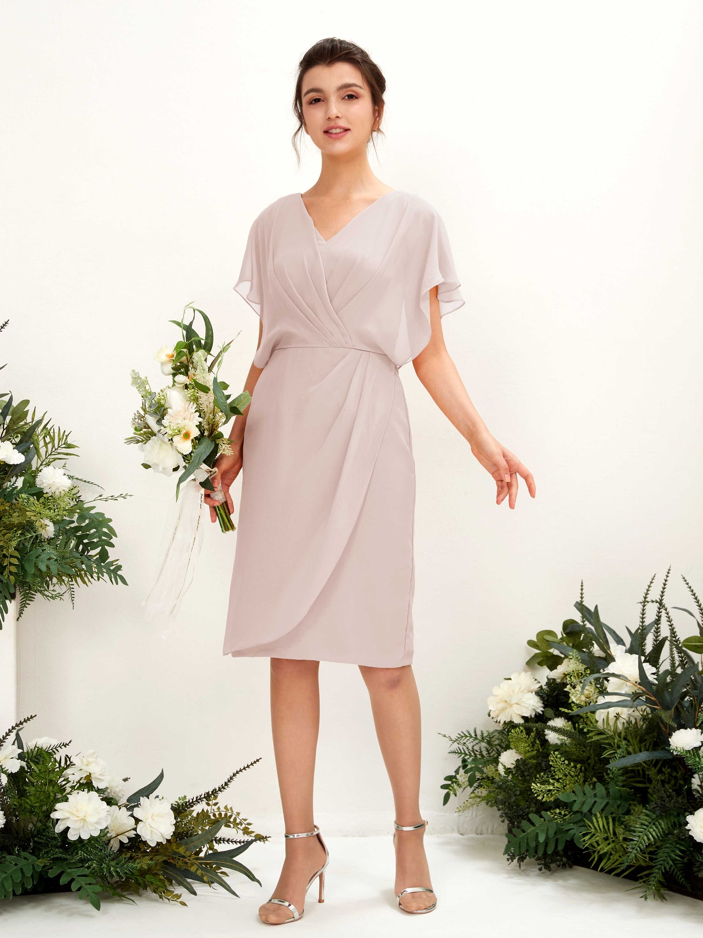 V-neck Short Sleeves Chiffon Bridesmaid Dress - Biscotti (81222235)#color_biscotti