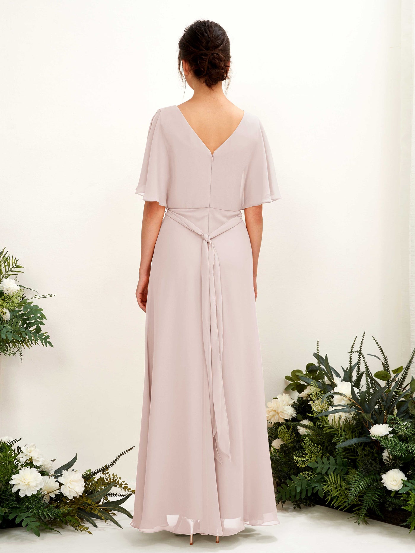 V-neck Short Sleeves Chiffon Bridesmaid Dress - Biscotti (81222435)#color_biscotti