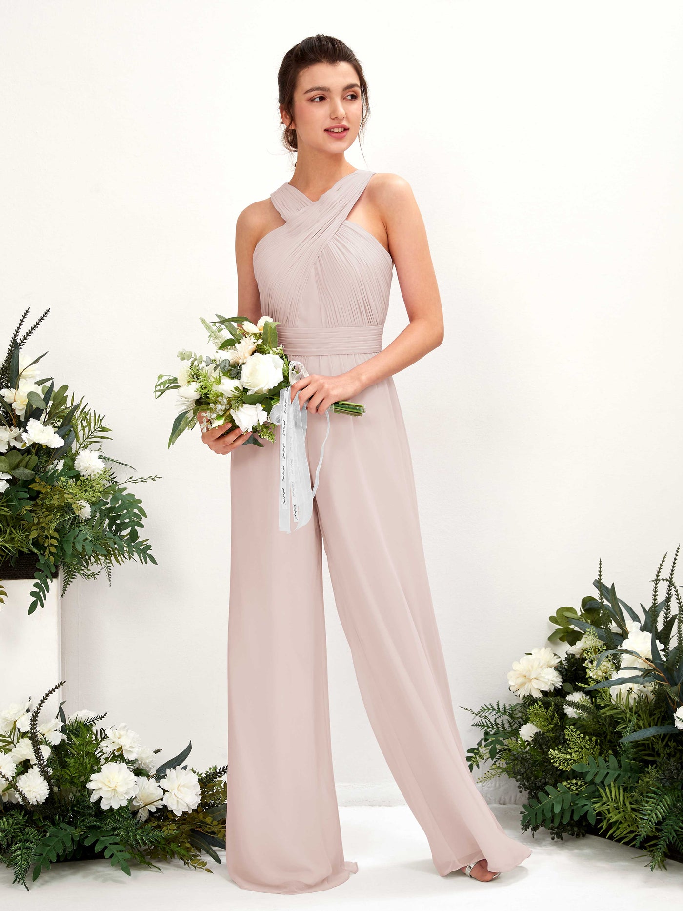 V-neck Sleeveless Chiffon Bridesmaid Dress Wide-Leg Jumpsuit - Biscotti (81220735)#color_biscotti