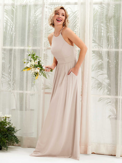 Carlyna Frances A-Line Champagne Bridesmaid Dress Maxi Sleeveless Round Neck Dress Front View #color_champagne
