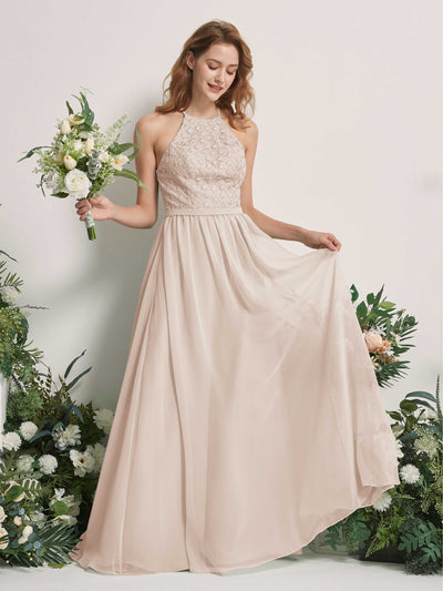 Carlyna Denise A-Line Champagne Embroidered Bridesmaid Dress Maxi Sleeveless Round Neck Dress Front View #color_champagne