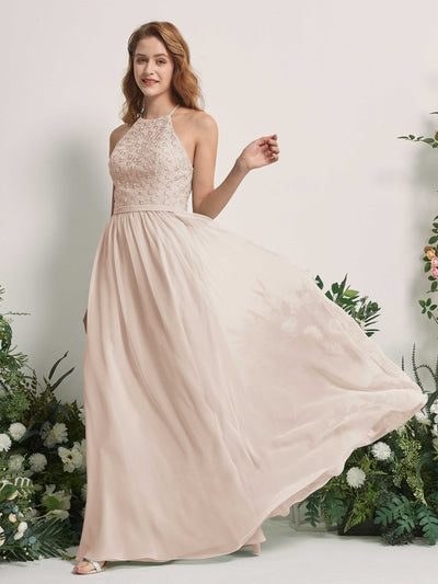 Carlyna Denise A-Line Champagne Embroidered Bridesmaid Dress Maxi Sleeveless Round Neck Dress Side View 2 #color_champagne