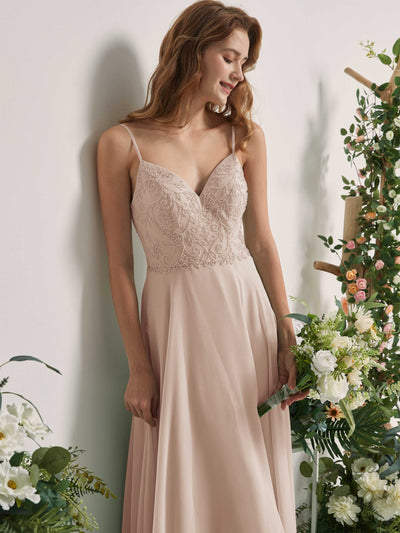 Carlyna Gail A-Line Champagne Beaded Bridesmaid Dress Maxi Sleeveless V-Neck Dress Side View 3 #color_champagne