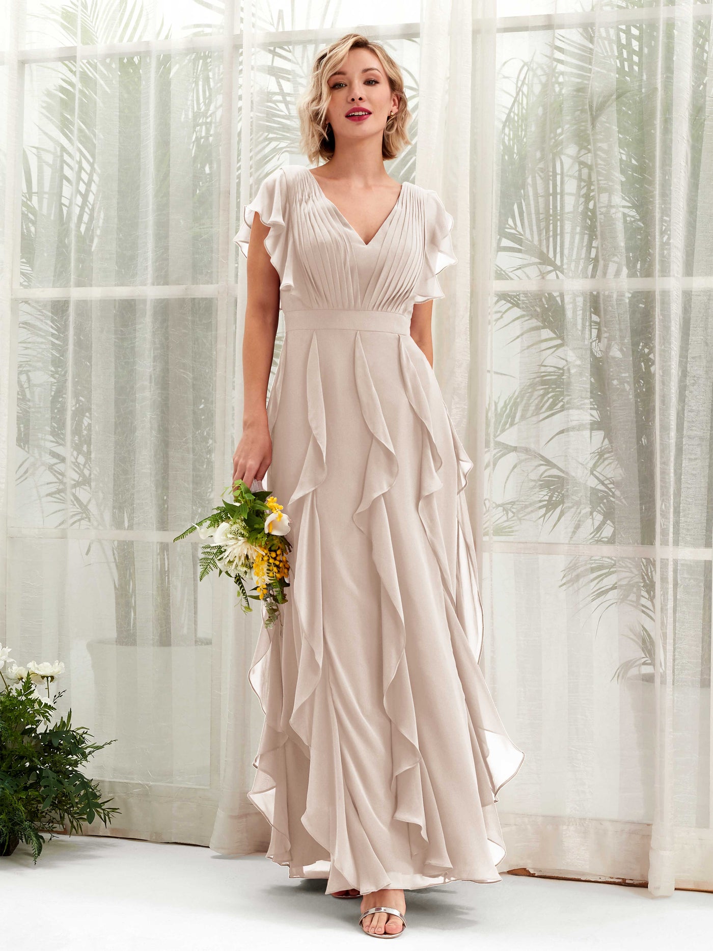 A-line V-neck Short Sleeves Chiffon Bridesmaid Dress - Champagne (81226016)#color_champagne