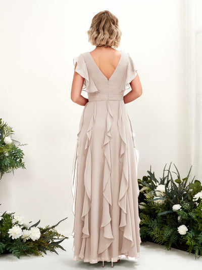 Carlyna Cynthia A-Line Champagne Bridesmaid Dress Maxi Cap Sleeve V-Neck Dress Back View #color_champagne