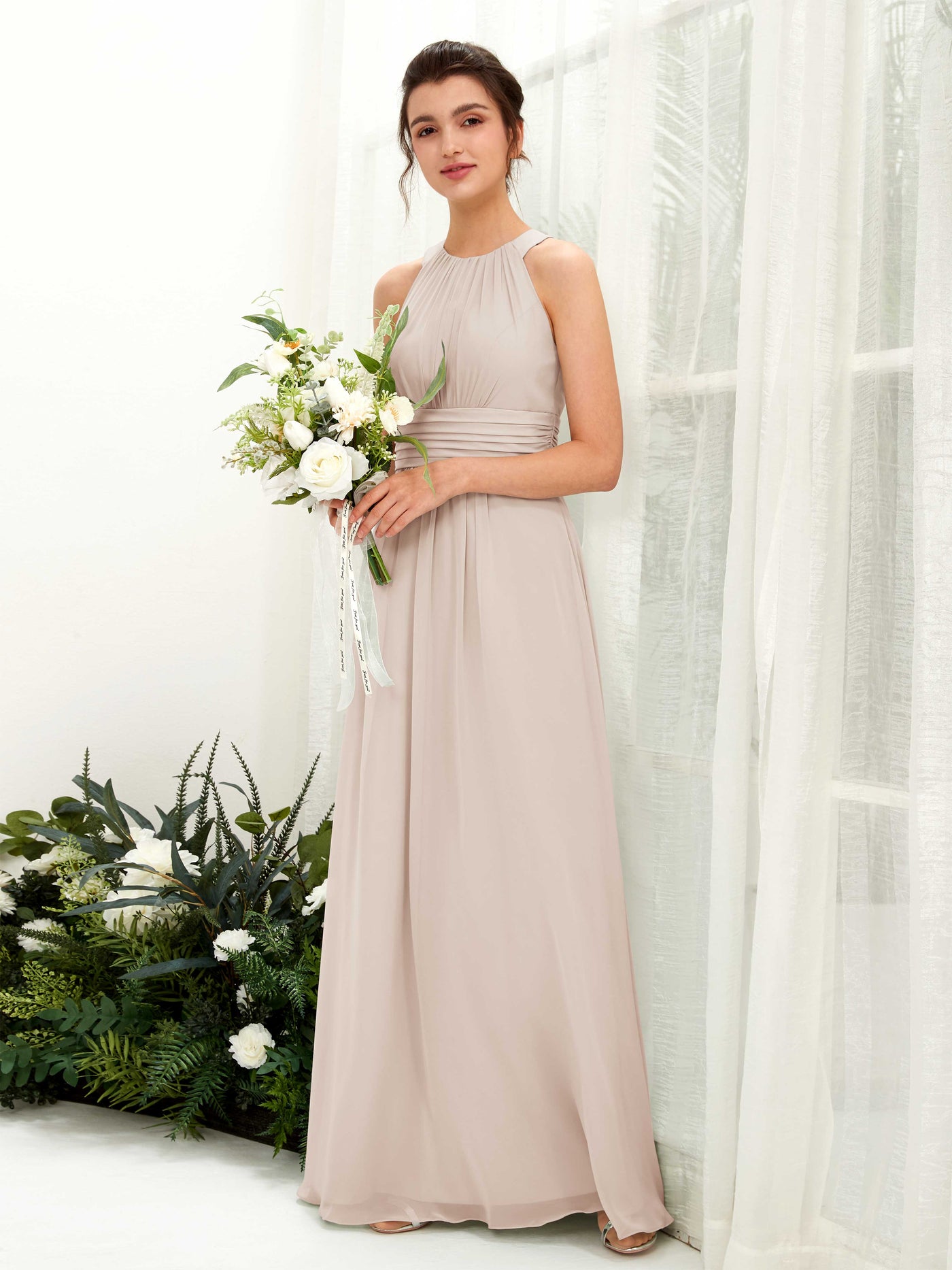 A-line Round Sleeveless Chiffon Bridesmaid Dress - Champagne (81221516)#color_champagne