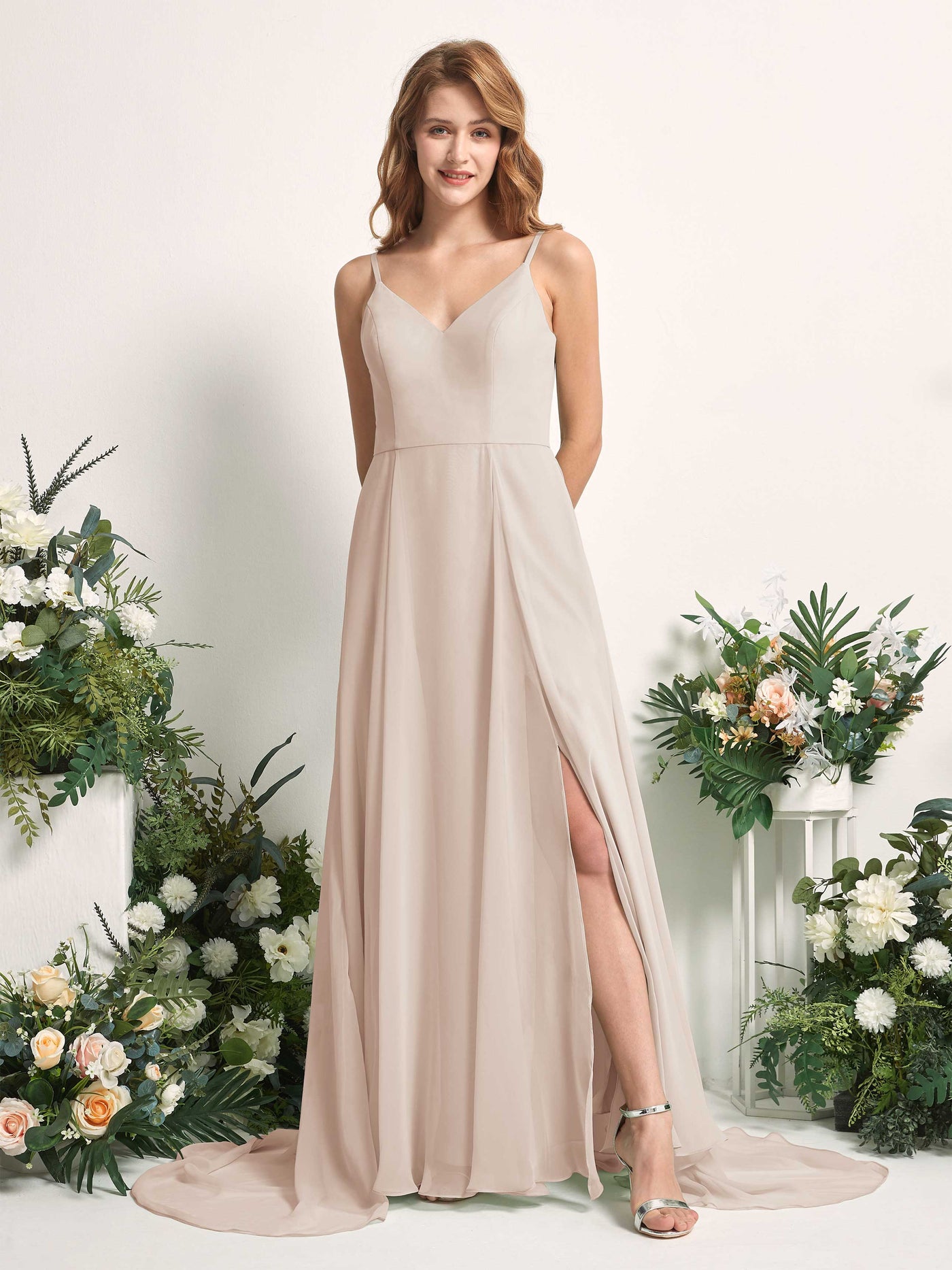 Bridesmaid Dress A-line Chiffon Spaghetti-straps Full Length Sleeveless Wedding Party Dress - Champagne (81227716)#color_champagne