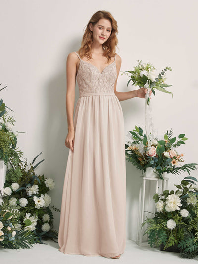 Carlyna Alexandra A-Line Champagne Beaded Bridesmaid Dress Maxi Sleeveless V-Neck Dress Front View #color_champagne