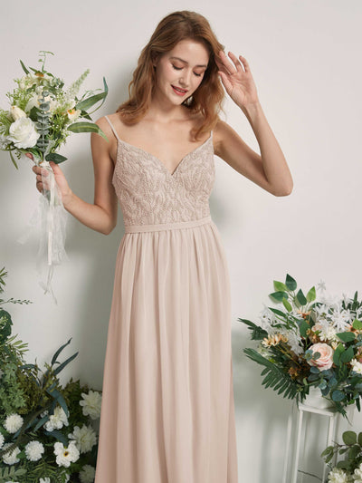 Carlyna Alexandra A-Line Champagne Beaded Bridesmaid Dress Maxi Sleeveless V-Neck Dress Side View 2 #color_champagne