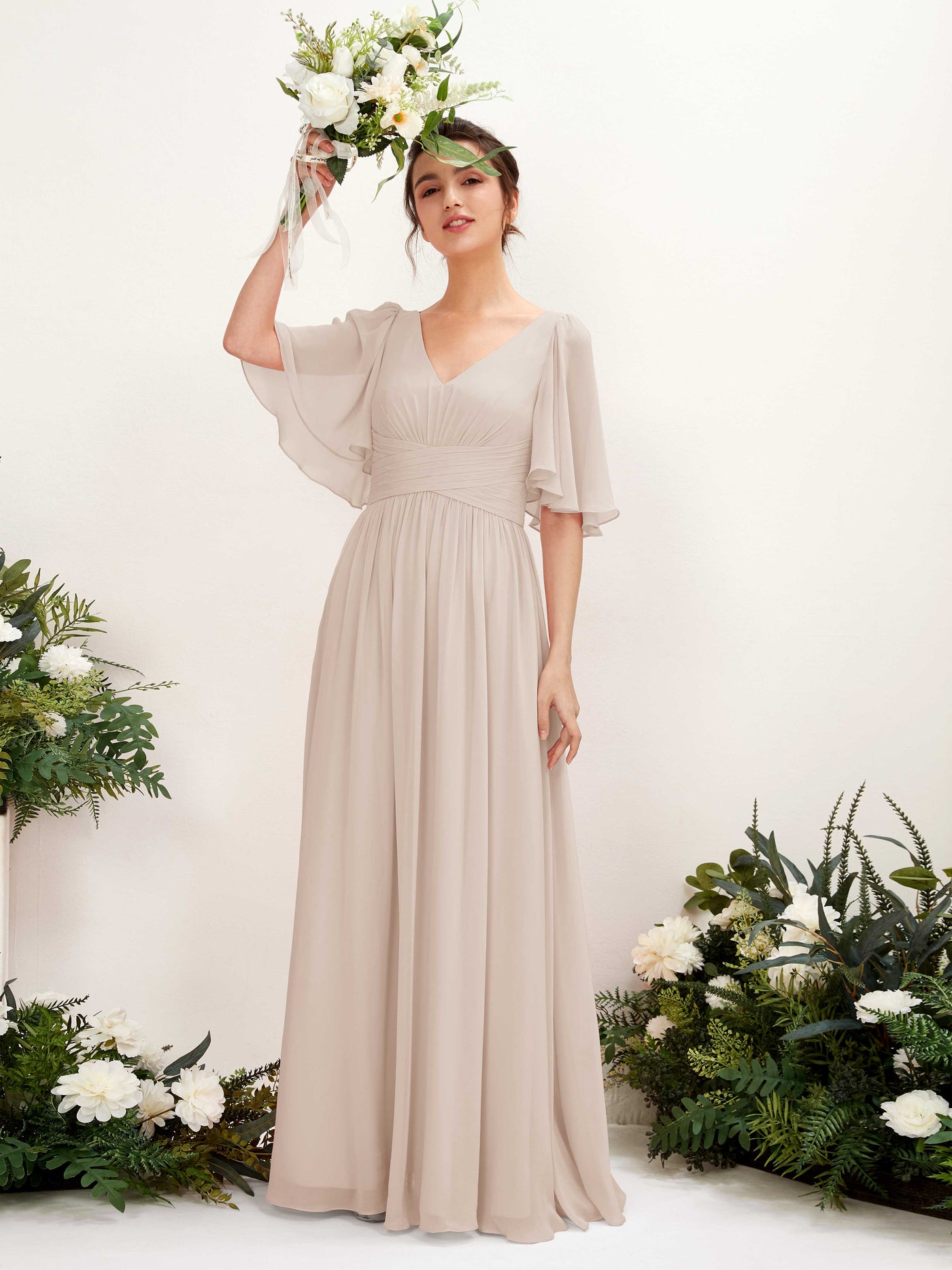A-line V-neck 1/2 Sleeves Chiffon Bridesmaid Dress - Champagne (81221616)#color_champagne