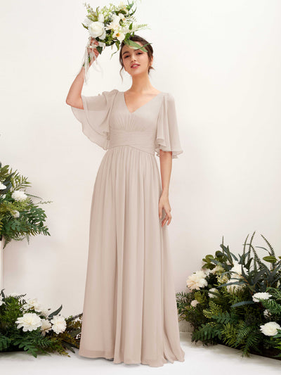 Carlyna Odette A-Line Champagne Bridesmaid Dress Maxi Short Sleeve V-Neck Dress #color_champagne
