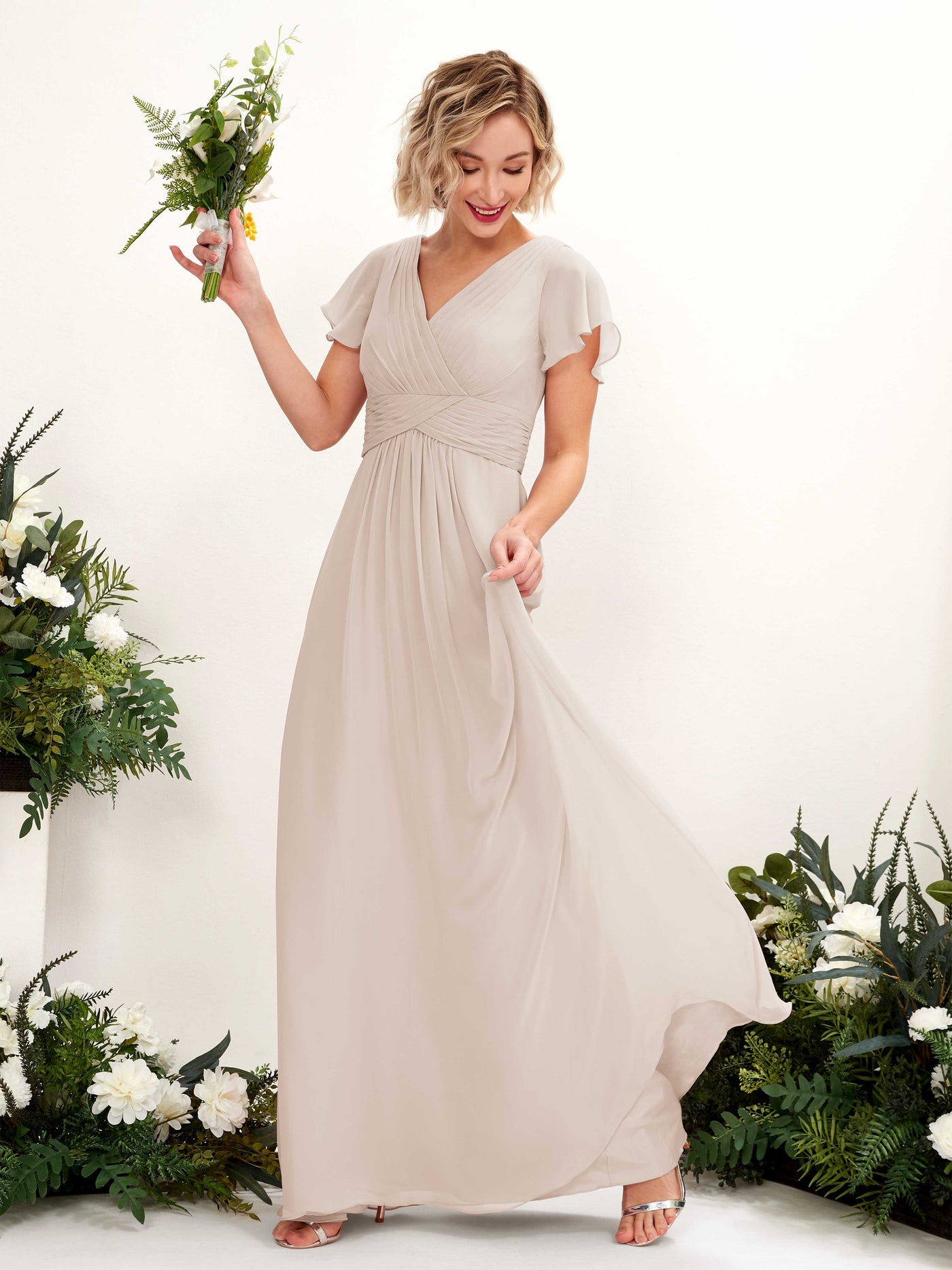 A-line V-neck Cap Sleeves Chiffon Bridesmaid Dress - Champagne (81224316)#color_champagne