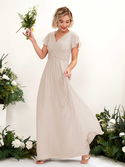 Carlyna Tolly A-Line Champagne Bridesmaid Dress Maxi Cap Sleeve V-Neck Dress #color_champagne