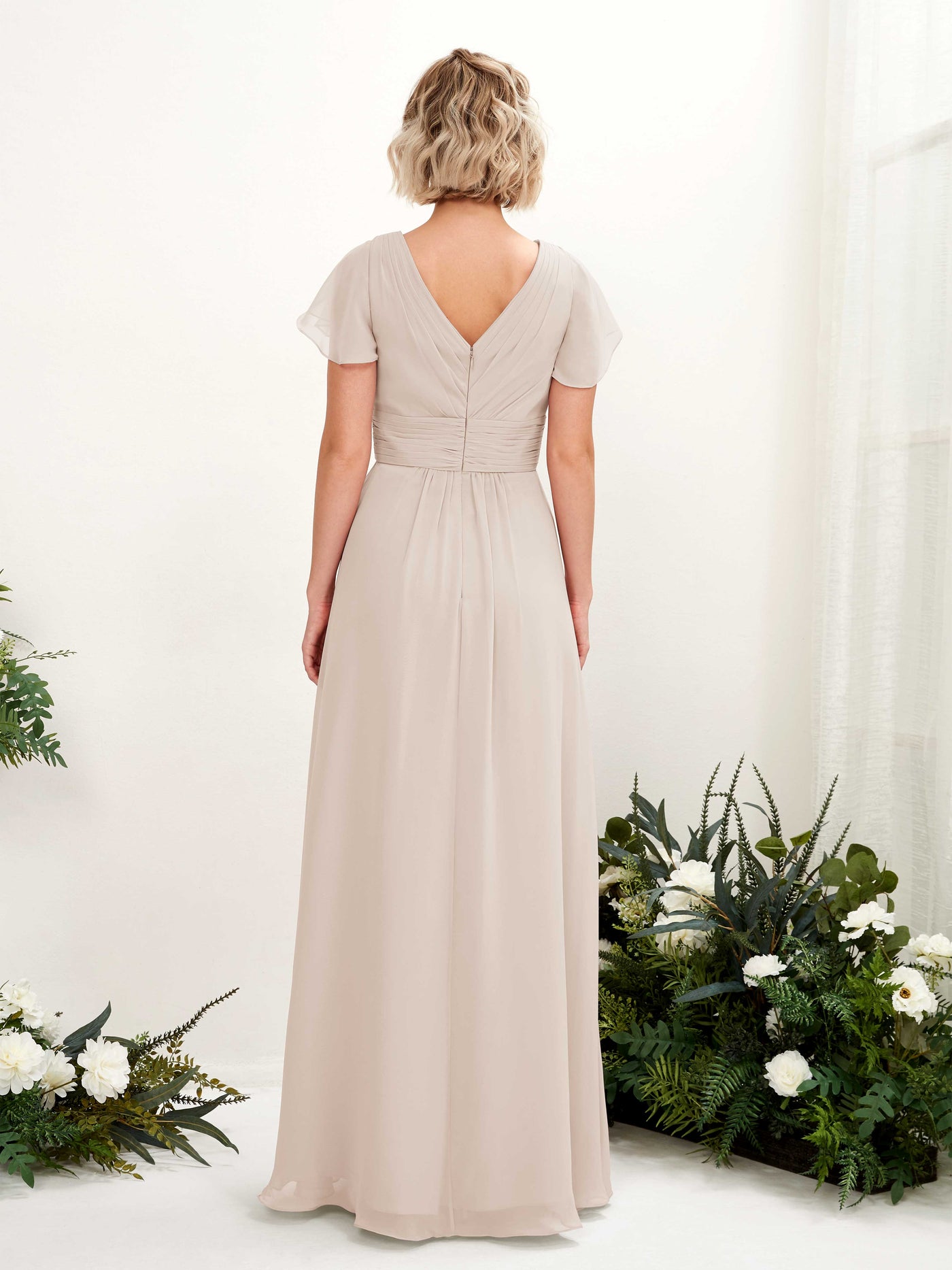 A-line V-neck Cap Sleeves Chiffon Bridesmaid Dress - Champagne (81224316)#color_champagne