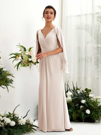 Carlyna Alain A-Line Champagne Bridesmaid Dress Maxi Cap Sleeve V-Neck Dress Front View #color_champagne