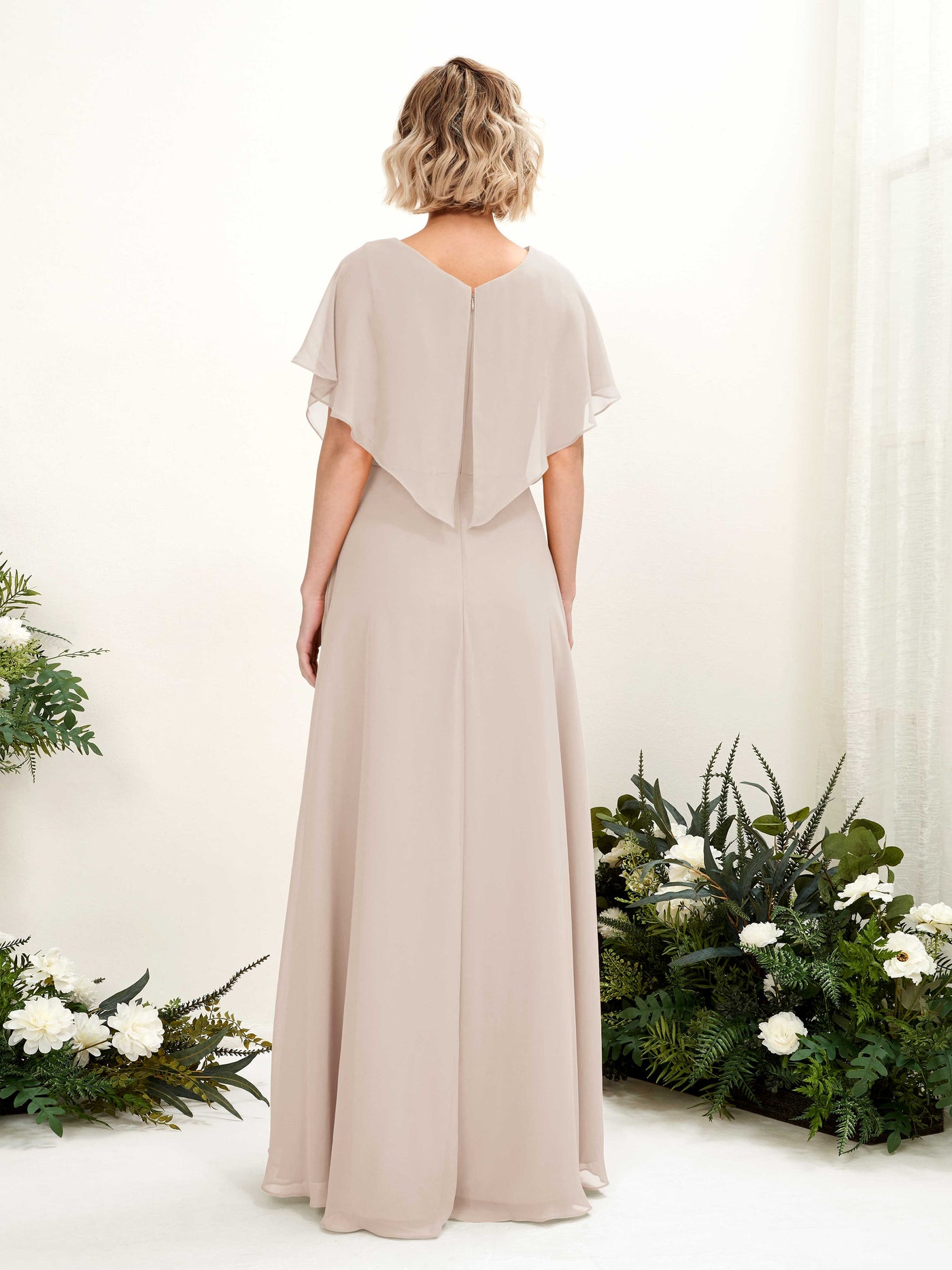 A-line V-neck Short Sleeves Chiffon Bridesmaid Dress - Champagne (81222116)#color_champagne