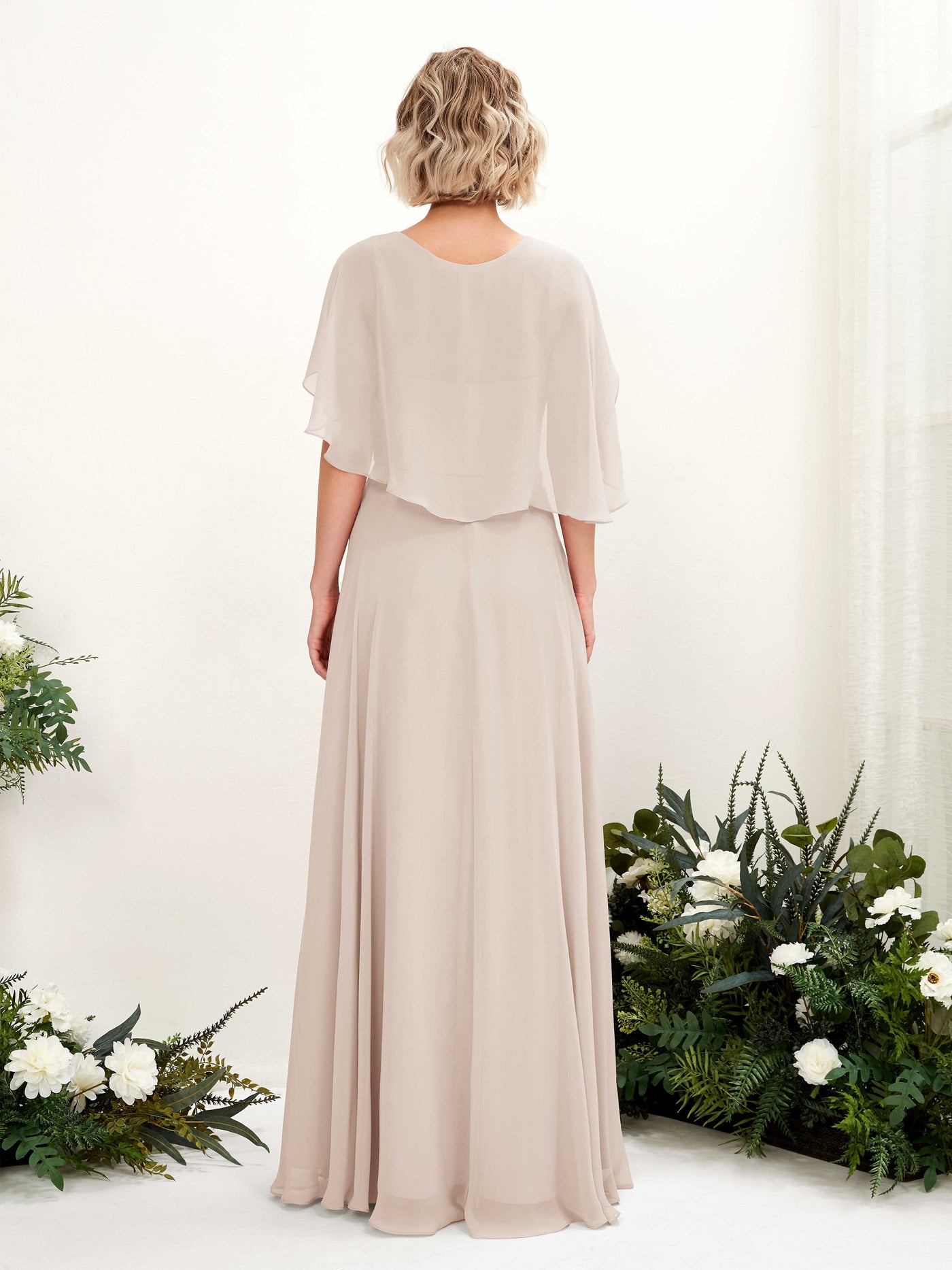 A-line V-neck Short Sleeves Chiffon Bridesmaid Dress - Champagne (81224416)#color_champagne