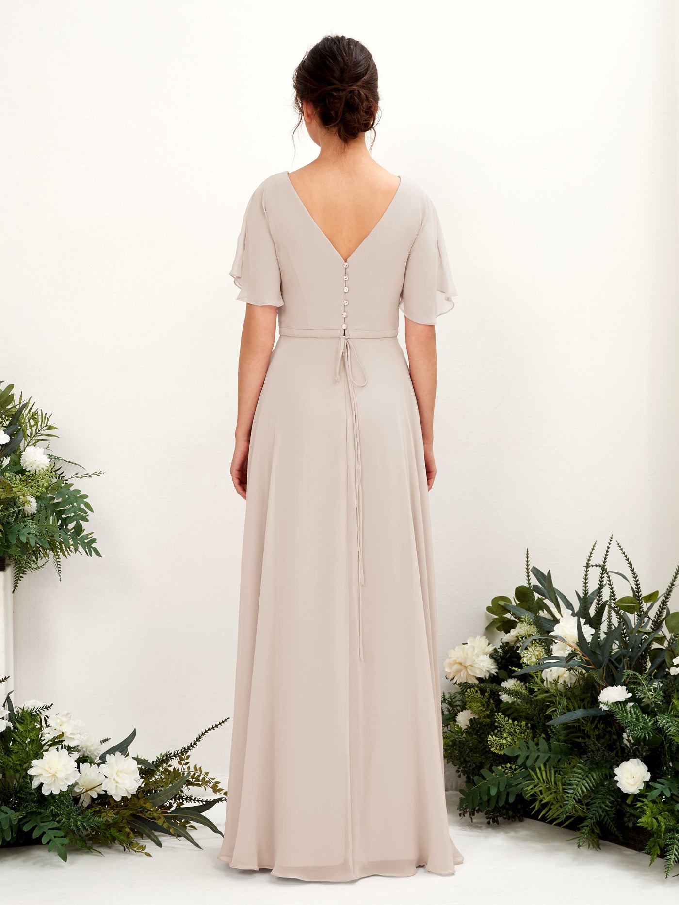 A-line V-neck Short Sleeves Chiffon Bridesmaid Dress - Champagne (81224616)#color_champagne