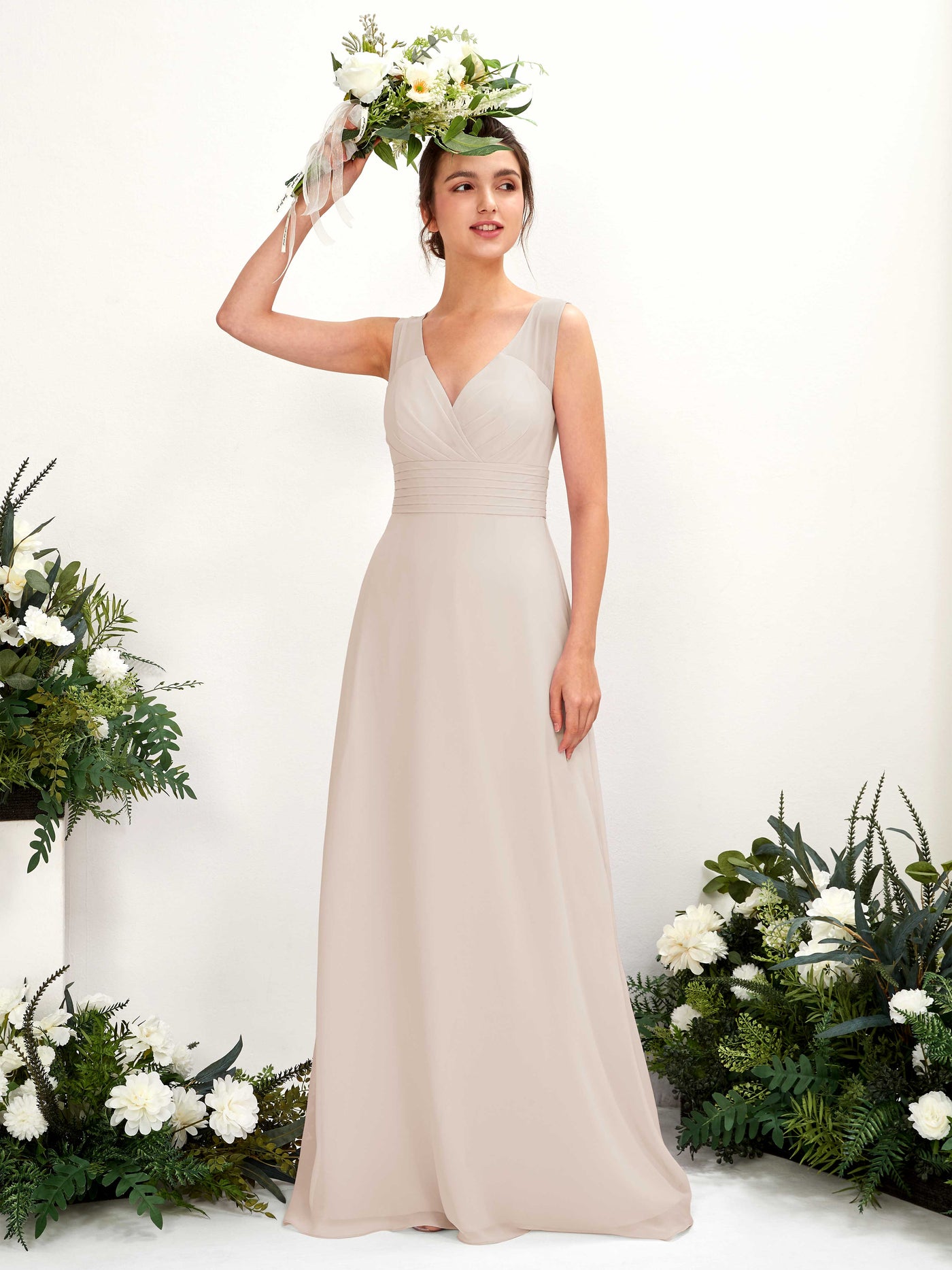 A-line V-neck Sleeveless Chiffon Bridesmaid Dress - Champagne (81220916)#color_champagne