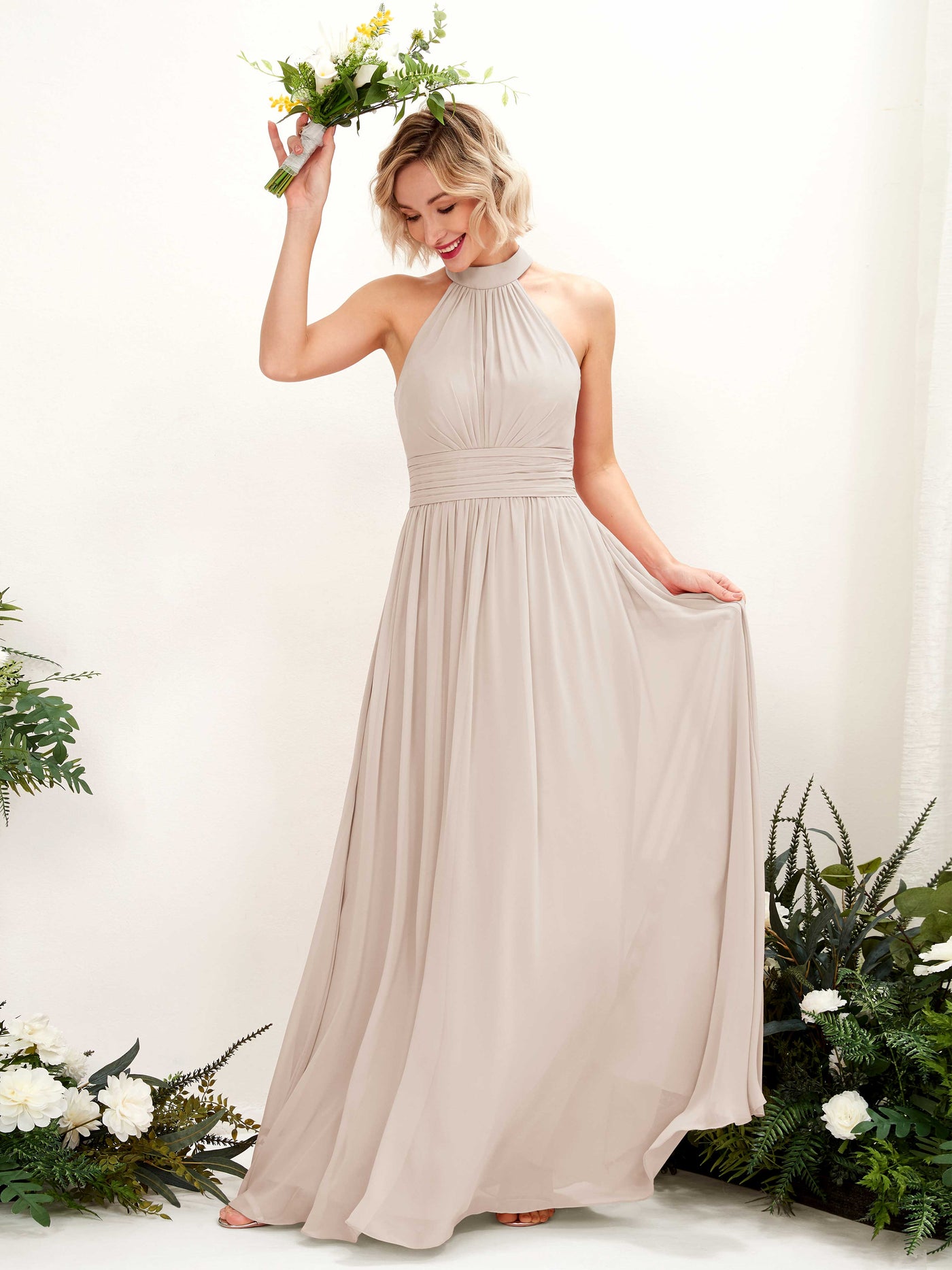 Ball Gown Halter Sleeveless Chiffon Bridesmaid Dress - Champagne (81225316)#color_champagne