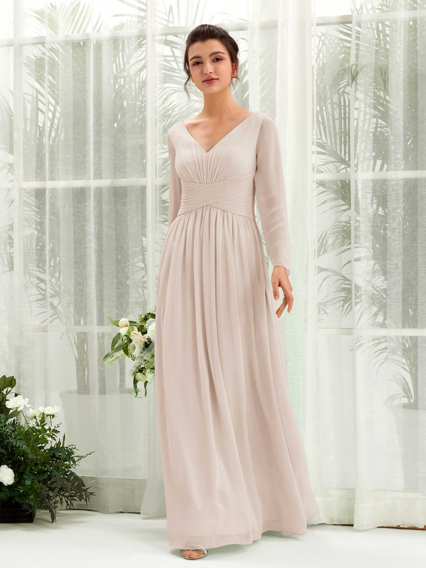 Ball Gown V-neck Long Sleeves Chiffon Bridesmaid Dress - Champagne (81220316)#color_champagne