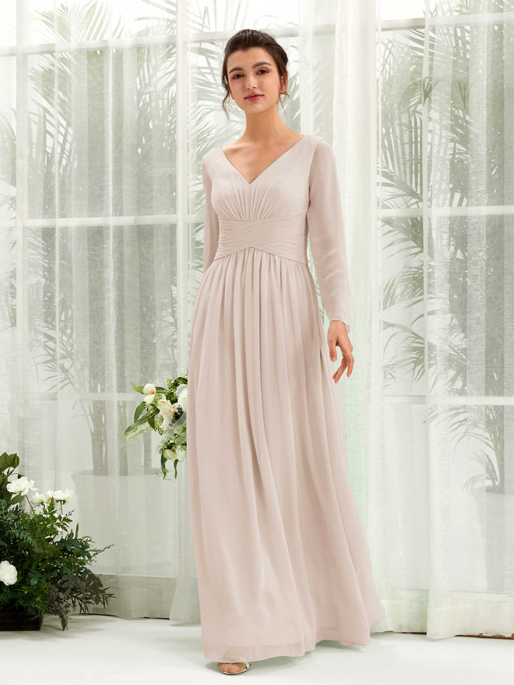 Ball Gown V-neck Long Sleeves Chiffon Bridesmaid Dress - Champagne (81220316)