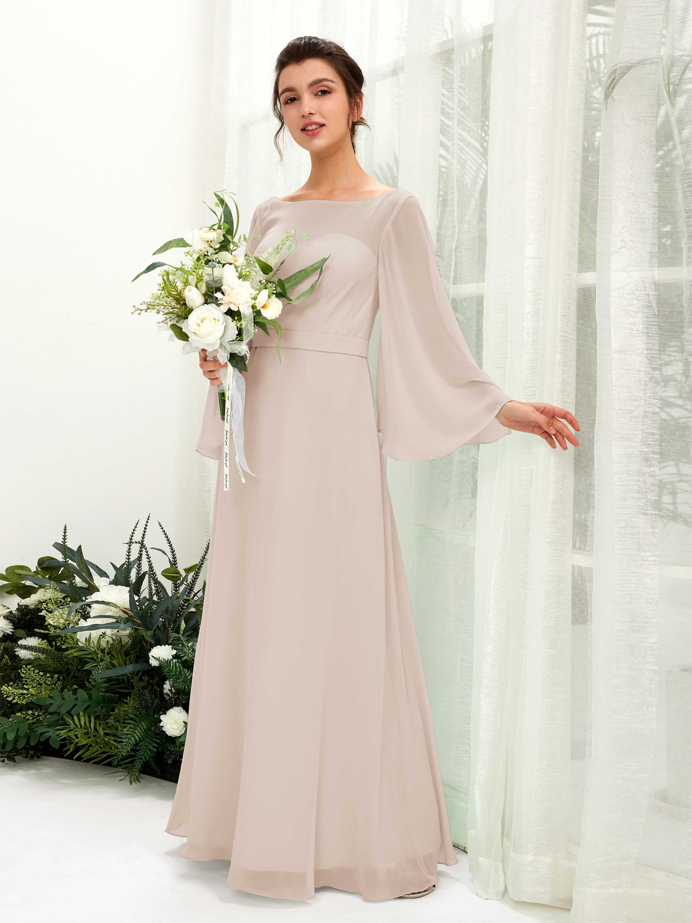 Bateau Illusion Long Sleeves Chiffon Bridesmaid Dress - Champagne (81220516)#color_champagne