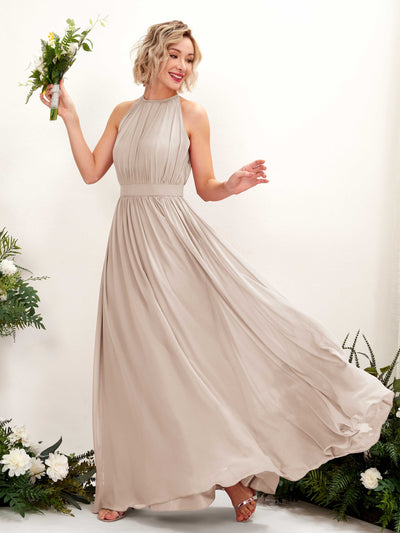 Carlyna Eden A-Line Champagne Bridesmaid Dress Maxi Sleeveless Round Neck Dress Front View #color_champagne