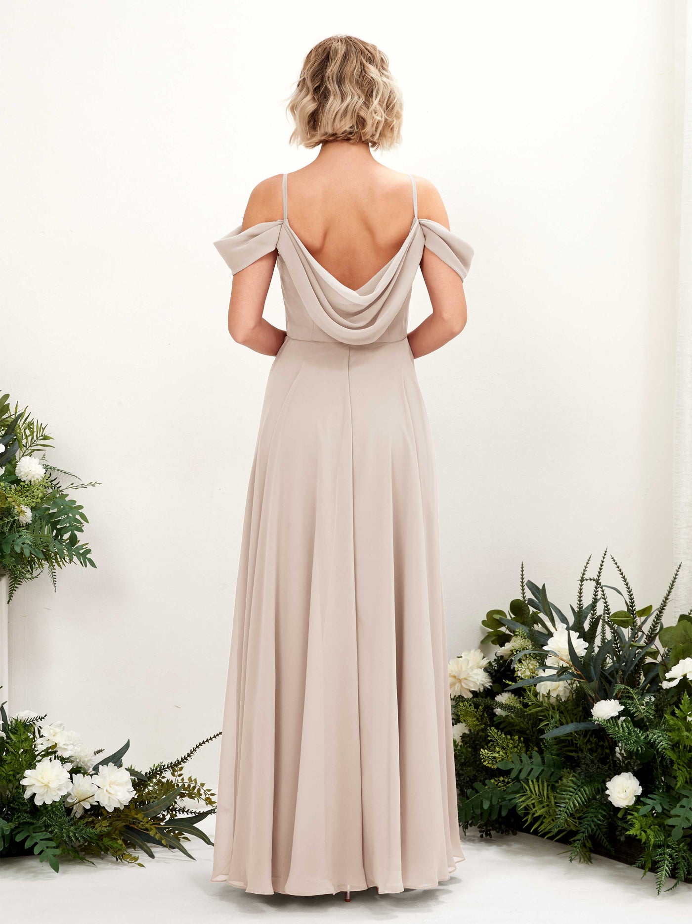 Off Shoulder Straps V-neck Sleeveless Chiffon Bridesmaid Dress - Champagne (81224916)#color_champagne