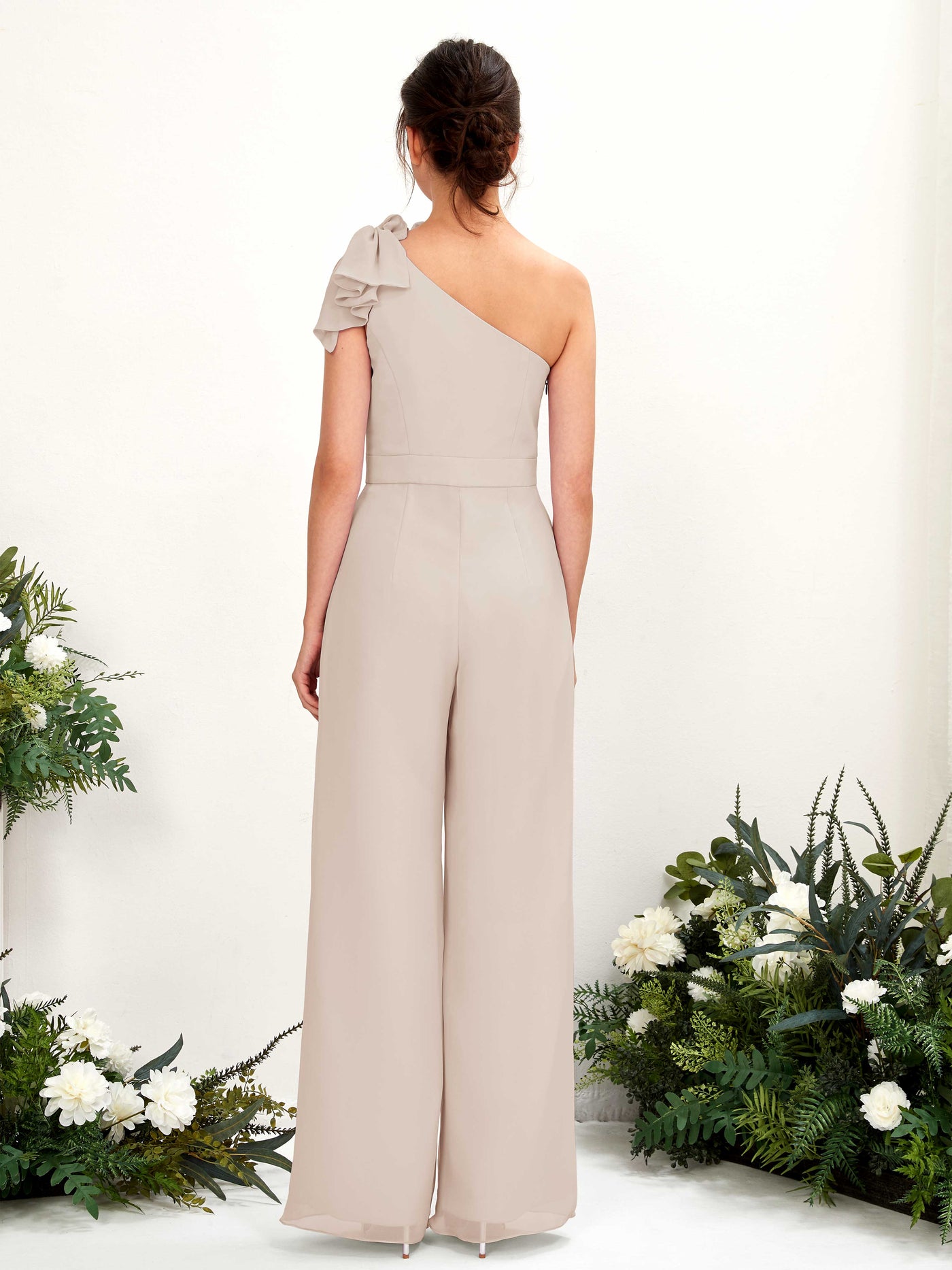 One Shoulder Sleeveless Chiffon Bridesmaid Wide-Leg Jumpsuit - Champagne (81220816)#color_champagne