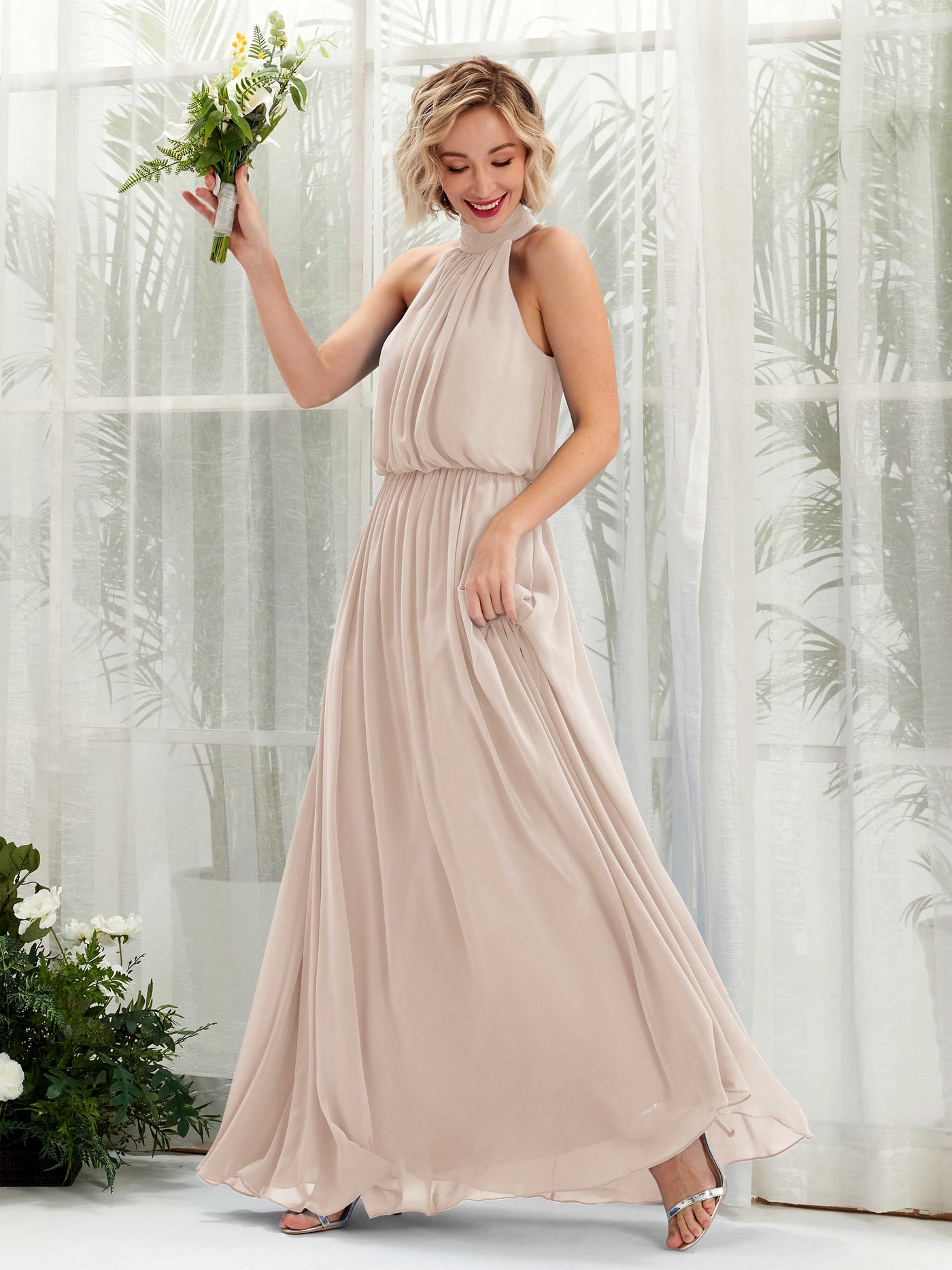 Halter Sleeveless Chiffon Bridesmaid Dress - Champagne (81222916)#color_champagne