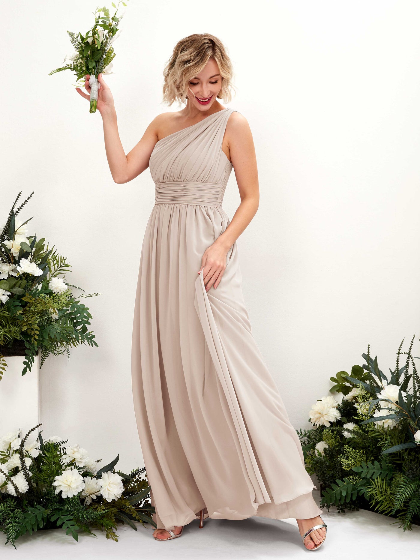 One Shoulder Sleeveless Chiffon Bridesmaid Dress - Champagne (81225016)#color_champagne