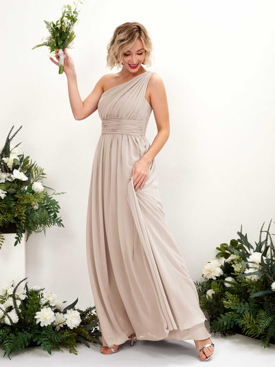 Carlyna Flaze A-Line Champagne Bridesmaid Dress Maxi Sleeveless One Shoulder Dress Front View #color_champagne