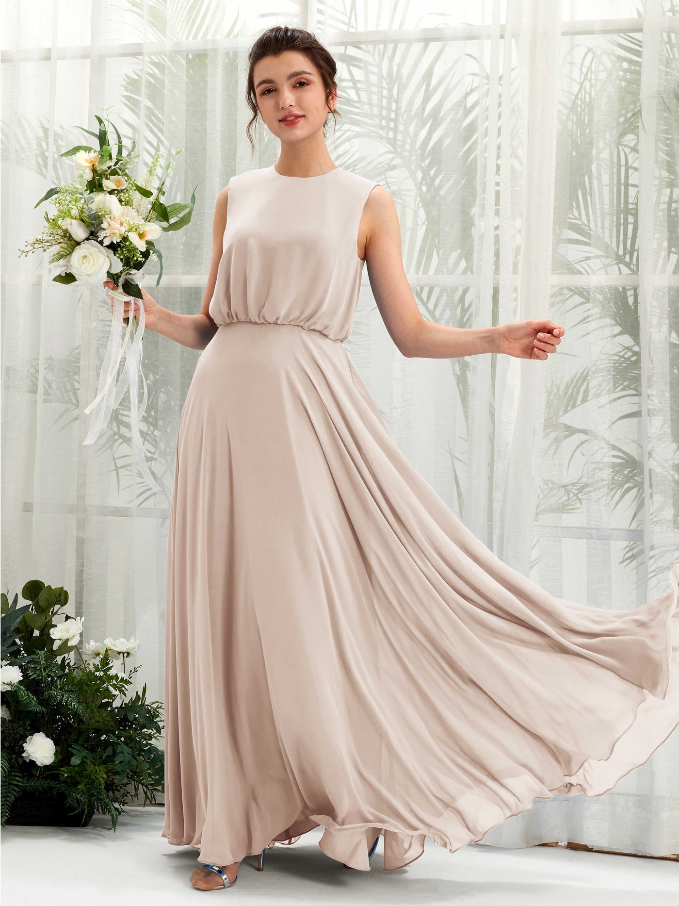 Round Sleeveless Chiffon Bridesmaid Dress - Champagne (81222816)#color_champagne